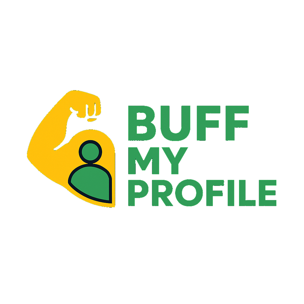 A green and yellow logo with buff my profile written and a 2d image of biceps and forearms